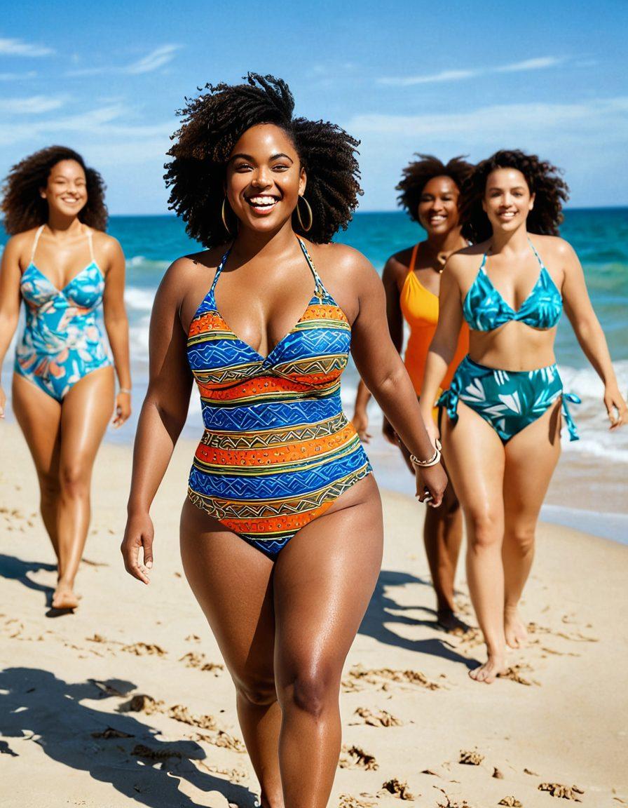 A confident, curvy woman joyfully striding along a sunny beach in a vibrant, stylish swimsuit, adorned with colorful tropical patterns. Surrounding her are diverse friends of various body types, all embracing their summer swimwear with smiles and laughter. The golden sun glistens on the waves, introducing a bright blue sky and warm sand that complements the lively atmosphere. Elements of body positivity and summer vibes radiate throughout the scene. super-realistic. vibrant colors. sunny beach backdrop.